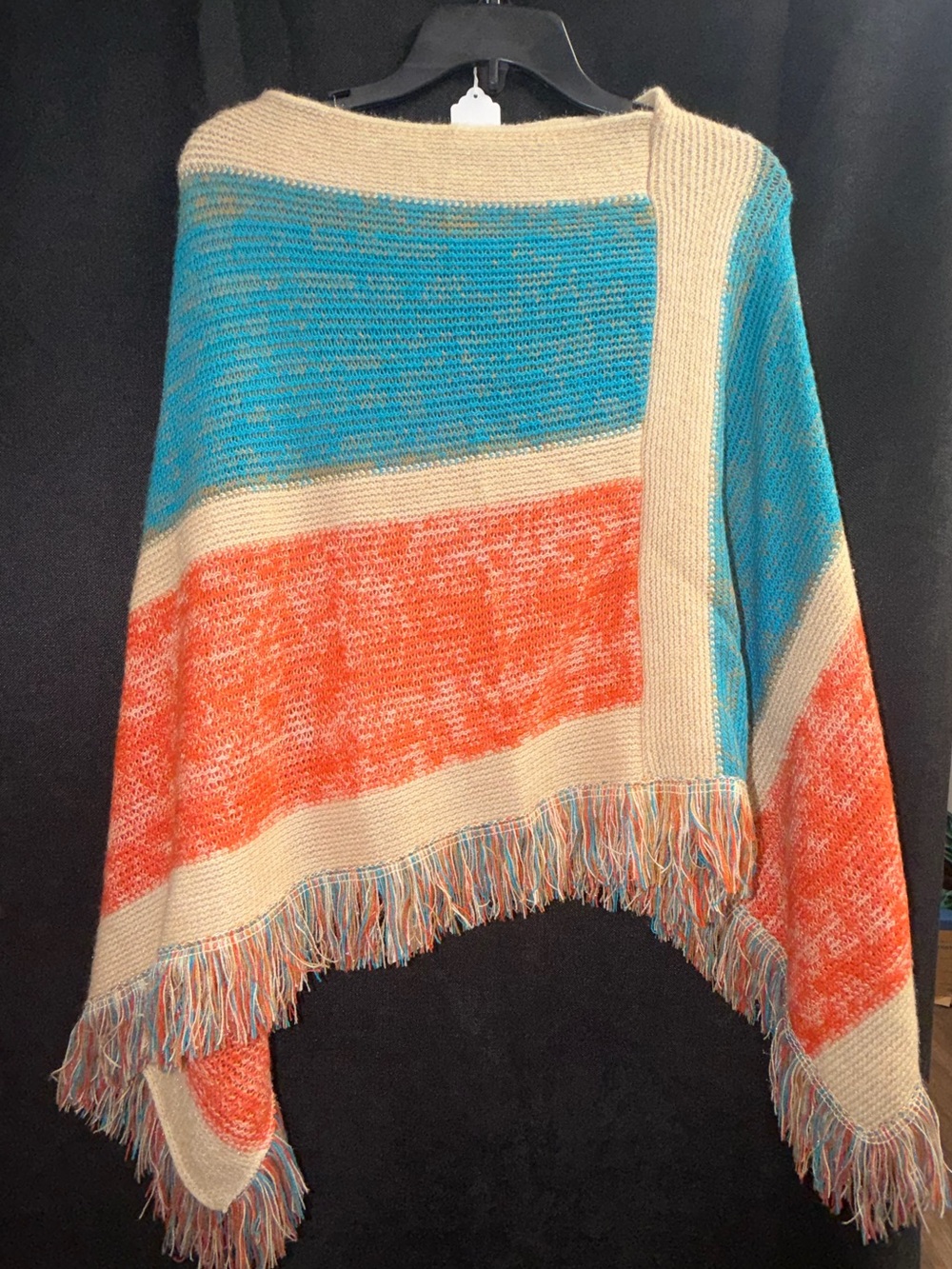 Women’s Multicolor Stripe Fringe Poncho Sweater - Cream, Blue & Orange